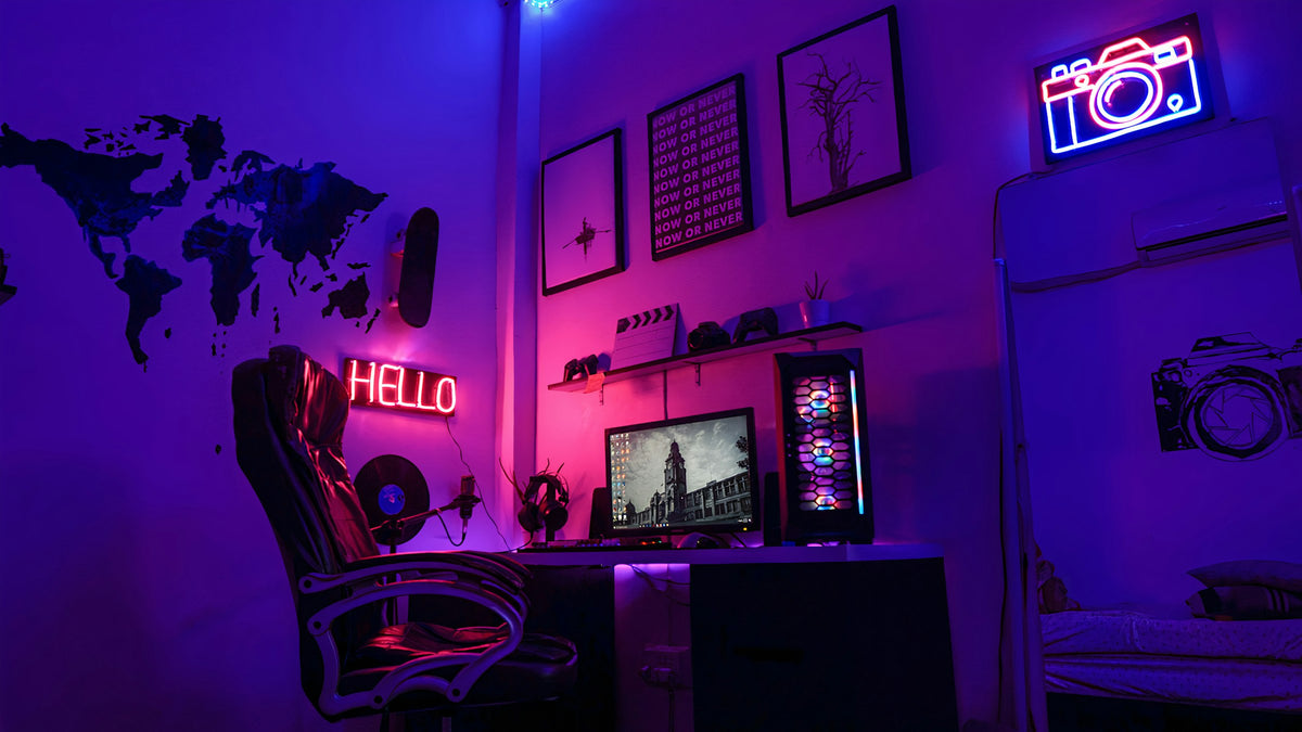 Neon-lit gaming setup with purple lighting